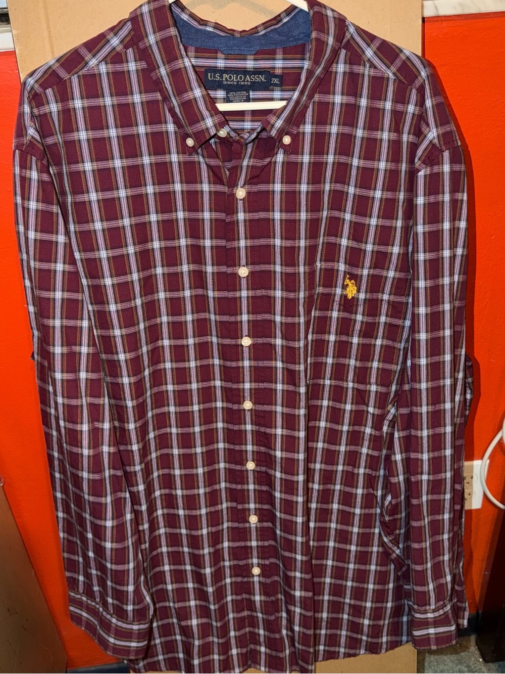 U.S. Polo Assn. Men's Burgundy Plaid Button-Down Shirt with Yellow Pony Logo